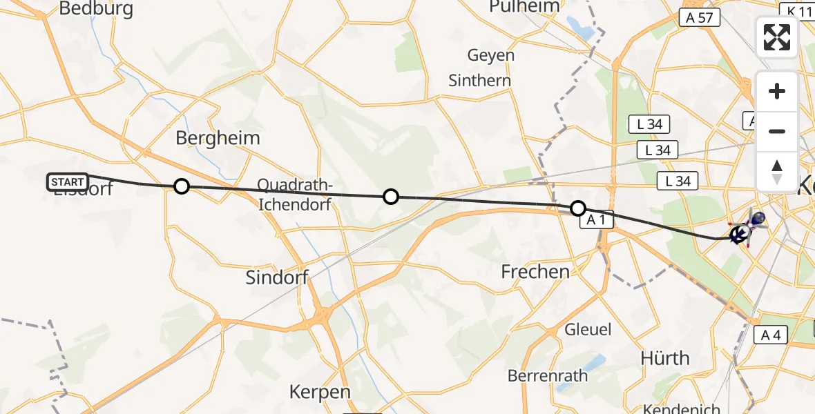 Flugroute Polizeihubschrauber Elsdorf - Köln University Hospital, 13 Juli 2026, 16:52