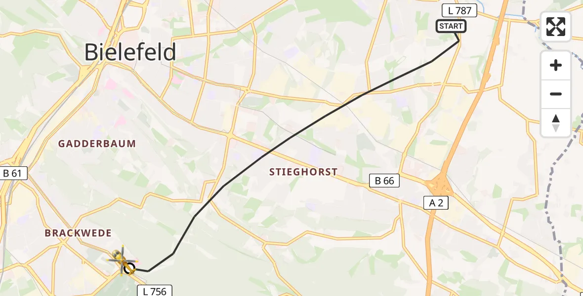 Flugroute Rettungshubschrauber Bielefeld - Luftrettungszentrum Bielefeld, 13 Juli 2026, 16:53