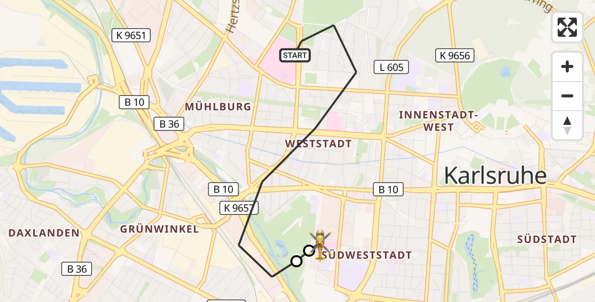 Flugroute Ambulanzhubschrauber Karlsruhe - Sankt Vincentius Hospital, 13 Juli 2026, 16:55