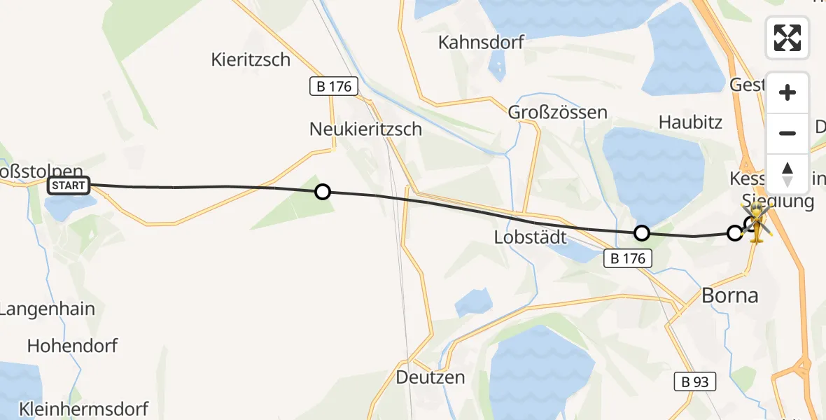 Flugroute Rettungshubschrauber Groitzsch - Sana Hospital Borna, 13 Juli 2026, 16:59