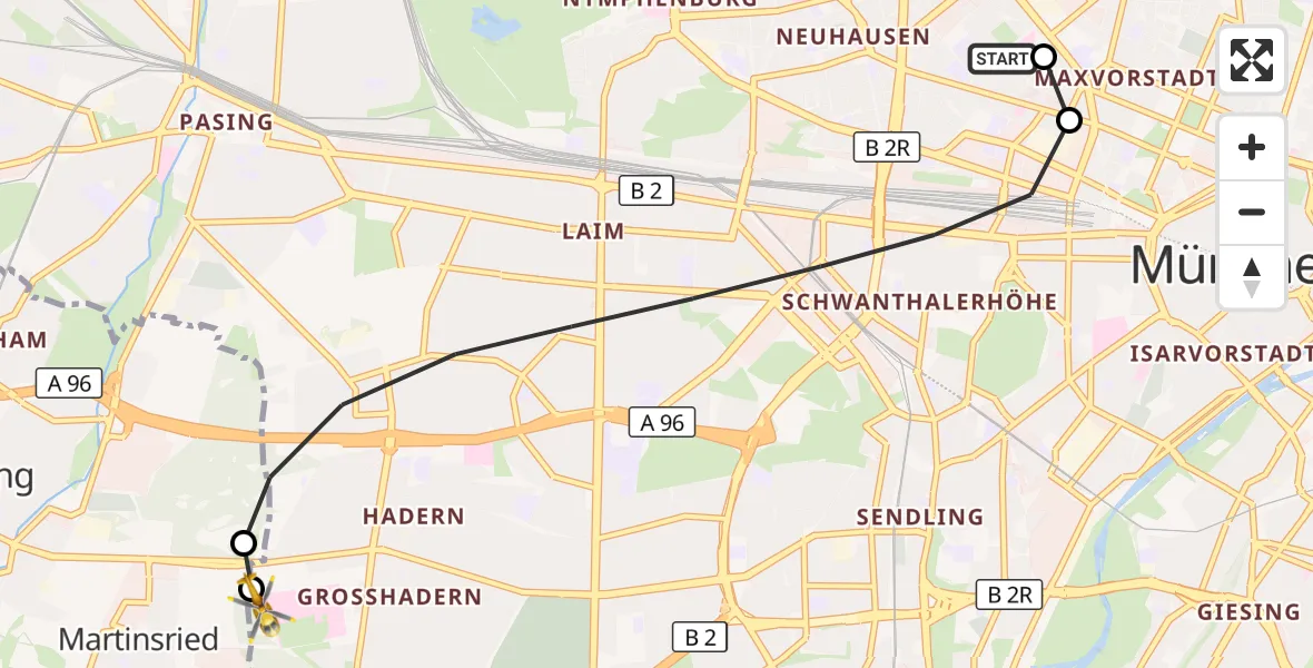 Flugroute Rettungshubschrauber Deutsches Herzzentrum München - DRF Air Rescue München Hubschrauberlandeplatz, 13 Juli 2026, 17:00