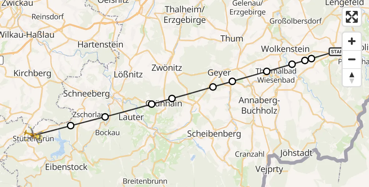 Flugroute Rettungshubschrauber Marienberg - Stützengrün, 13 Juli 2026, 17:00