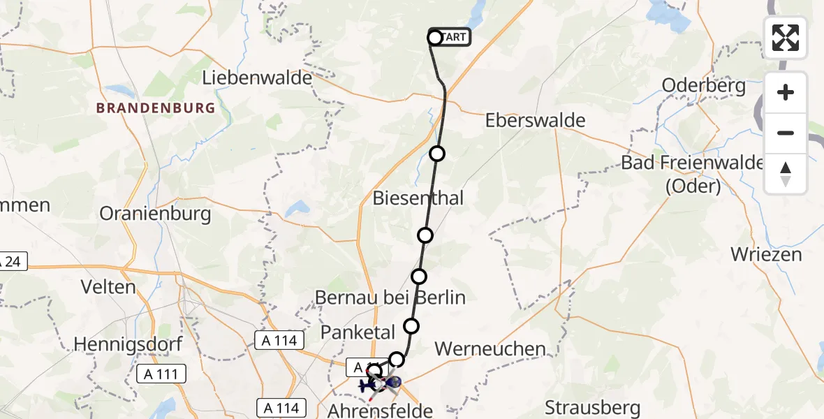Flugroute Polizeihubschrauber Joachimsthal - Ahrensfelde Hubschrauberlandeplatz, 13 Juli 2026, 17:01