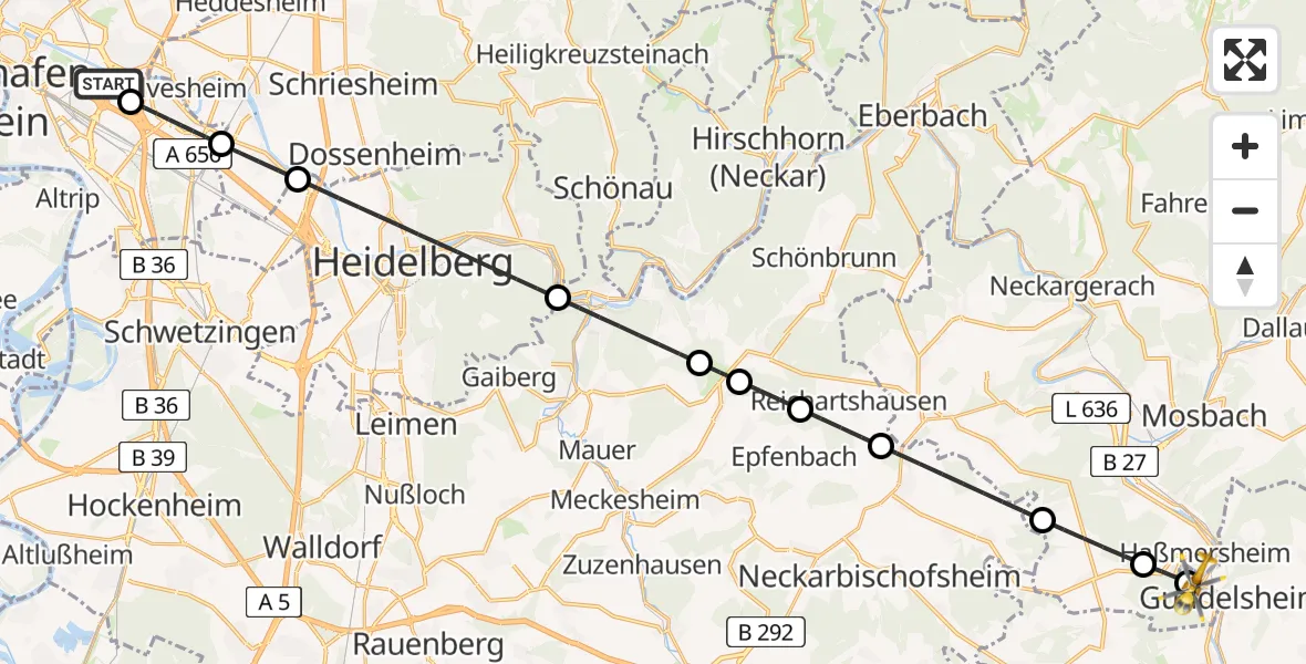 Flugroute Rettungshubschrauber Mannheim-City Flughafen - Gundelsheim, 13 Juli 2026, 17:02