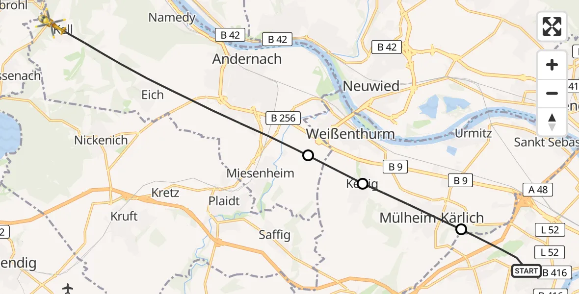 Flugroute Rettungshubschrauber Koblenz - Andernach, 13 Juli 2026, 17:05