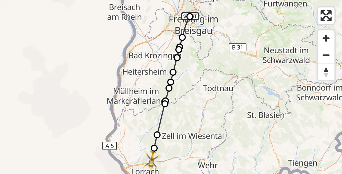Flugroute Ambulanzhubschrauber Freiburg im Breisgau Flugplatz - Lörrach, 13 Juli 2026, 17:28