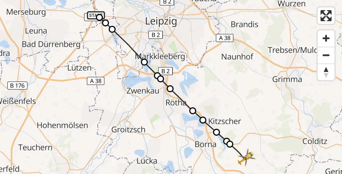 Flugroute Rettungshubschrauber ADAC Air Rescue Station Leipzig/Schkeuditz-Dölzig Hubschrauberlandeplatz (Christoph 61) - Frohburg, 13 Juli 2026, 17:28