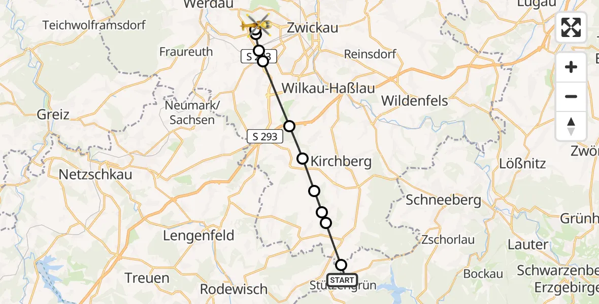 Flugroute Rettungshubschrauber Stützengrün - ADAC Air Rescue Station Zwickau Hubschrauberlandeplatz, 13 Juli 2026, 17:31