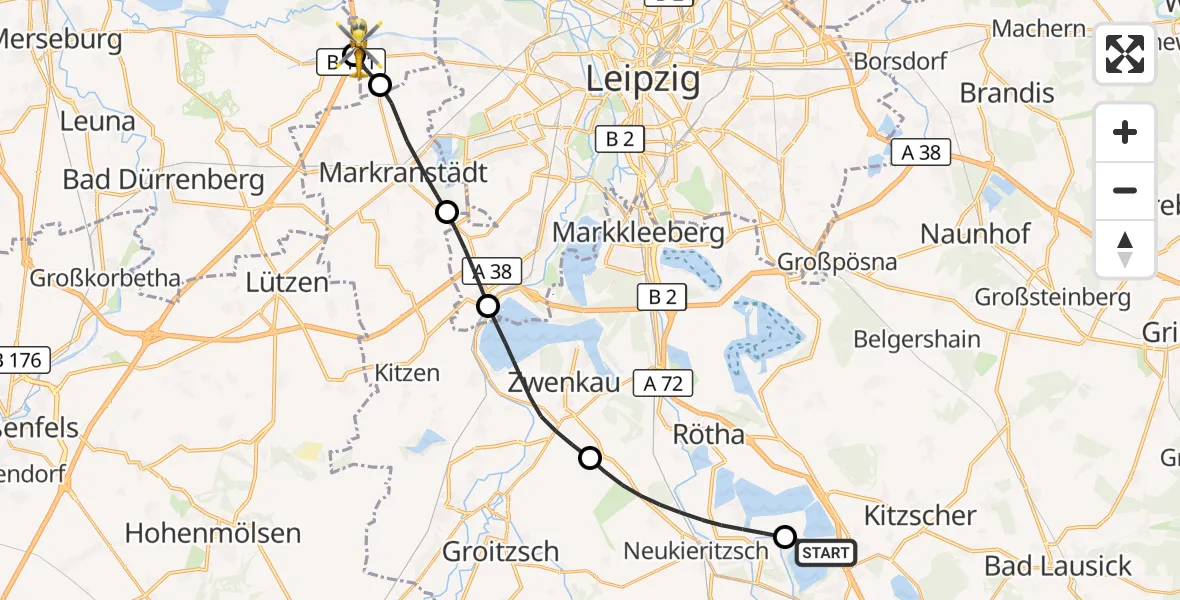 Flugroute Rettungshubschrauber Borna - ADAC Air Rescue Station Leipzig/Schkeuditz-Dölzig Hubschrauberlandeplatz (Christoph 61), 13 Juli 2026, 17:33