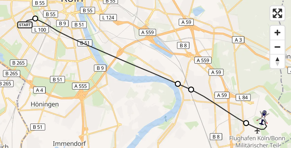 Flugroute Polizeihubschrauber Köln University Hospital - Köln Bonn Flughafen, 13 Juli 2026, 17:35