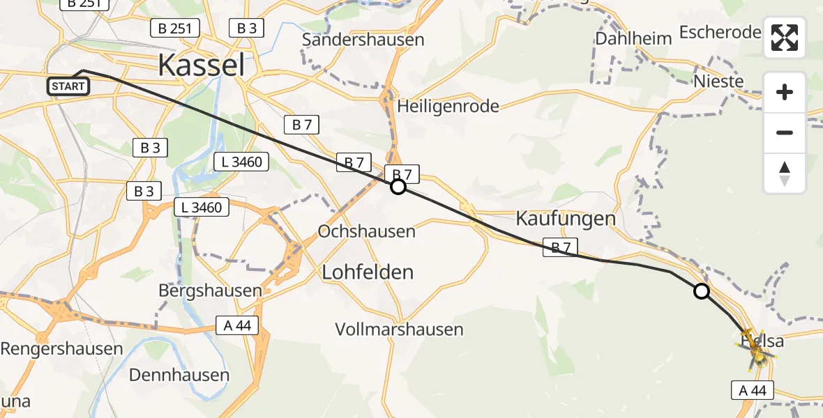 Flugroute Rettungshubschrauber Kassel - Helsa, 13 Juli 2026, 17:38
