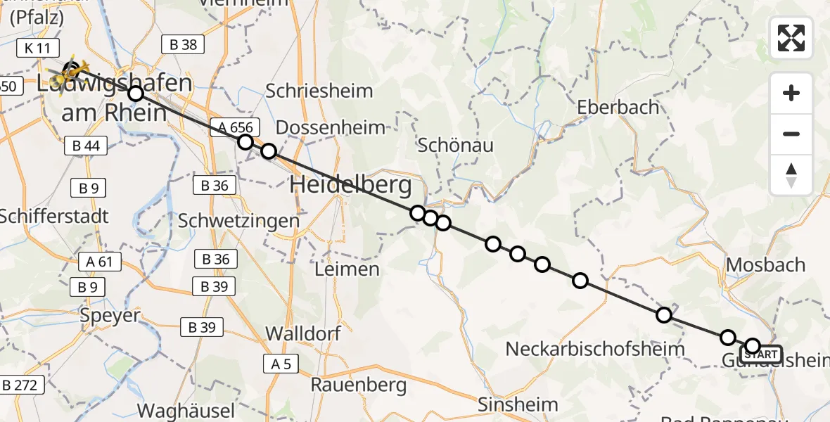 Flugroute Rettungshubschrauber Gundelsheim - Ludwigshafen Accident Hospital, 13 Juli 2026, 17:44