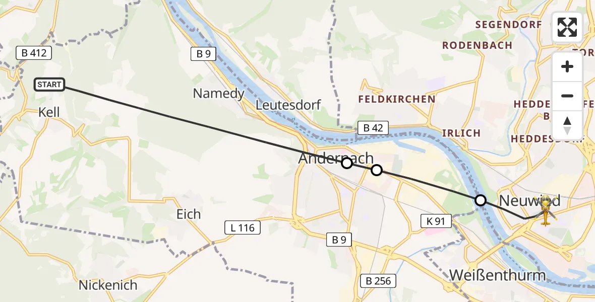 Flugroute Rettungshubschrauber Andernach - Neuwied, 13 Juli 2026, 17:46