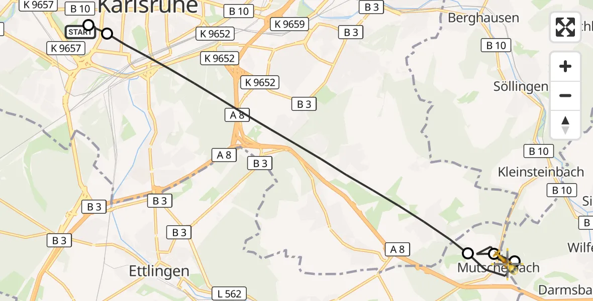 Flugroute Ambulanzhubschrauber Sankt Vincentius Hospital - Remchingen, 13 Juli 2026, 17:50