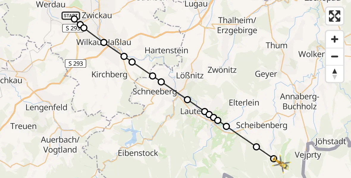 Flugroute Rettungshubschrauber ADAC Air Rescue Station Zwickau Hubschrauberlandeplatz - Sehmatal, 13 Juli 2026, 17:50