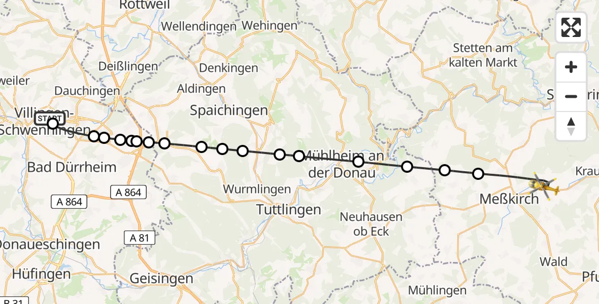 Flugroute Ambulanzhubschrauber DRF Air Rescue Station Villingen-Schwenningen Hubschrauberlandeplatz (Christoph 11) - Meßkirch, 13 Juli 2026, 17:55