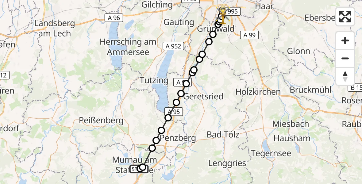 Flugroute Rettungshubschrauber Murnau Accident Hospital - ADAC Air Rescue Center Hubschrauberlandeplatz (Christoph 1), 13 Juli 2026, 17:58