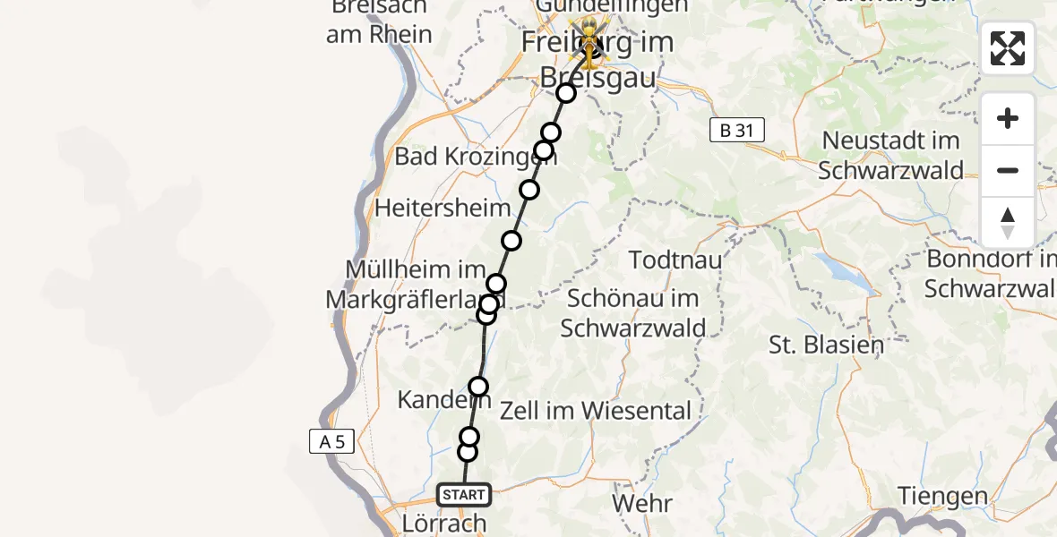 Flugroute Ambulanzhubschrauber Lörrach - Freiburg University Hospital Heliport 1, 13 Juli 2026, 18:00