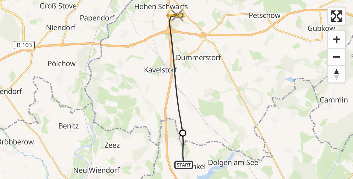 Flugroute Ambulanzhubschrauber Dolgen am See - Dummerstorf, 13 Juli 2026, 18:02