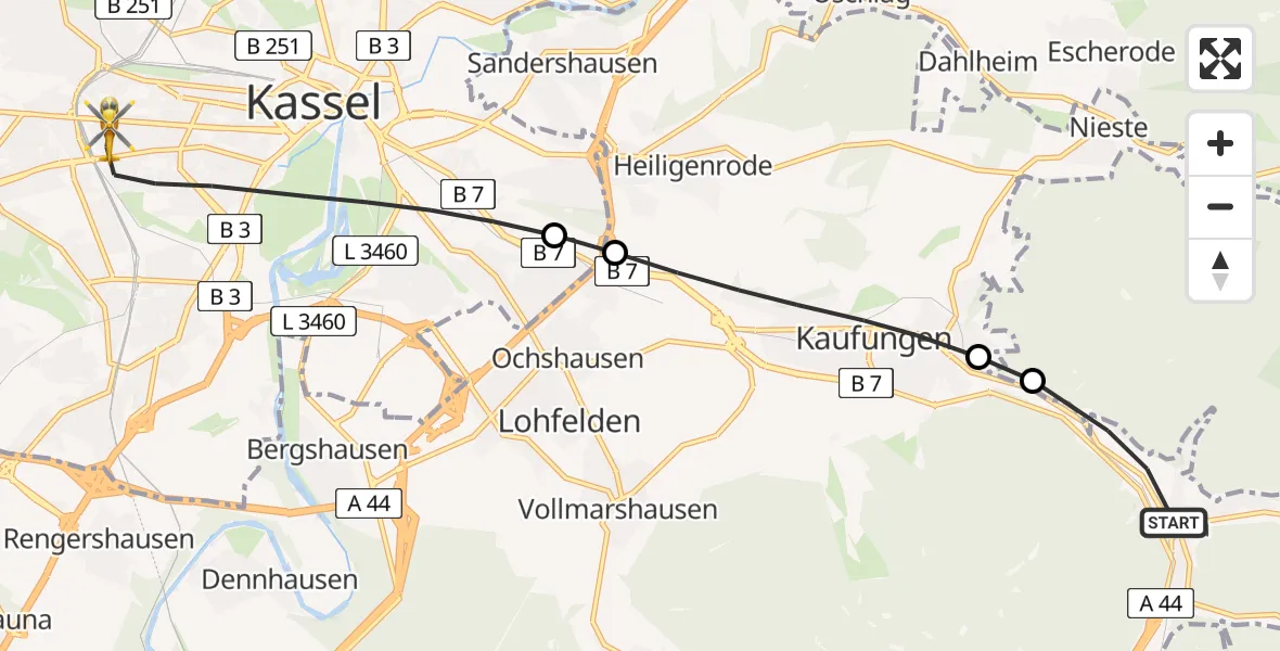 Flugroute Rettungshubschrauber Helsa - Kassel, 13 Juli 2026, 18:07