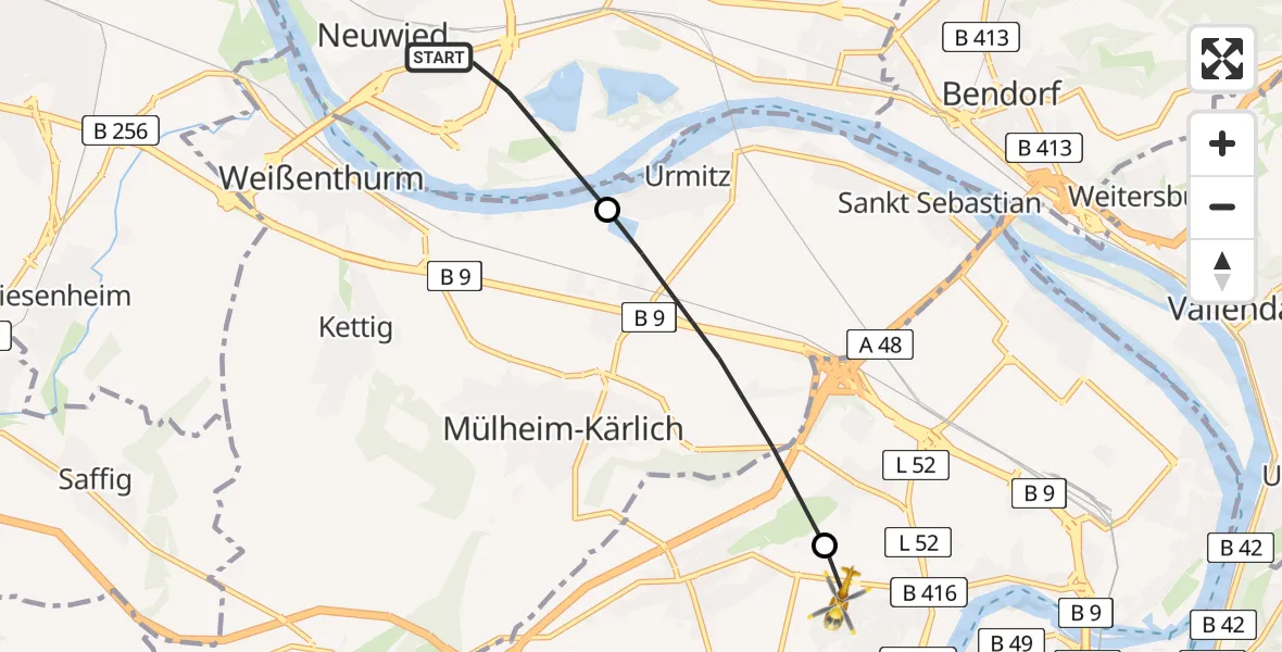 Flugroute Rettungshubschrauber Neuwied - Koblenz, 13 Juli 2026, 18:11