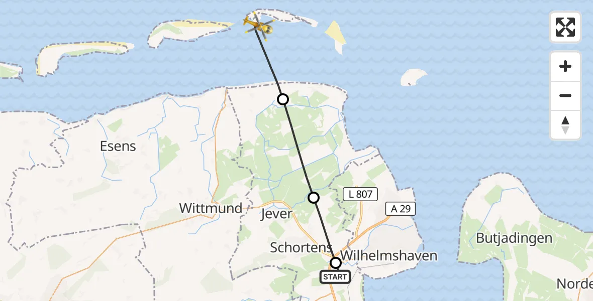Flugroute Rettungshubschrauber Sande - Noordzee, 13 Juli 2026, 18:13