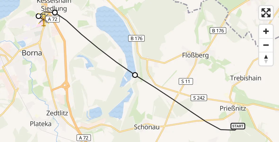 Flugroute Rettungshubschrauber Frohburg - Sana Hospital Borna, 13 Juli 2026, 18:14