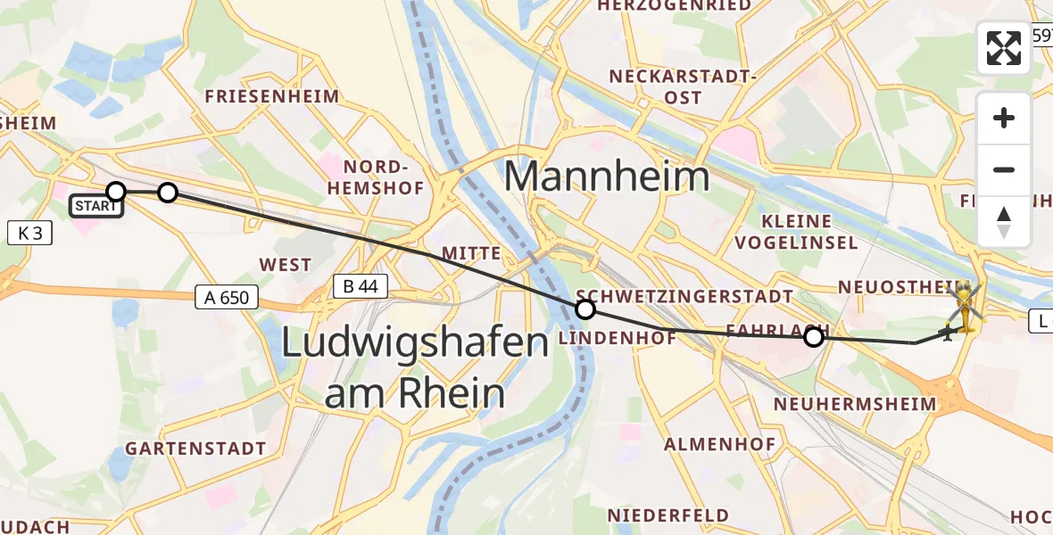 Flugroute Rettungshubschrauber Ludwigshafen Accident Hospital - Mannheim-City Flughafen, 13 Juli 2026, 18:15