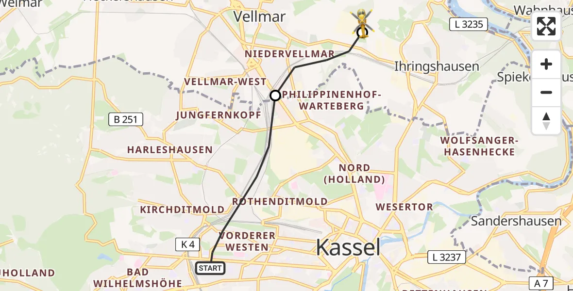 Flugroute Rettungshubschrauber Kassel - Fuldatal Bundespolizei Hubschrauberlandeplatz, 13 Juli 2026, 18:22