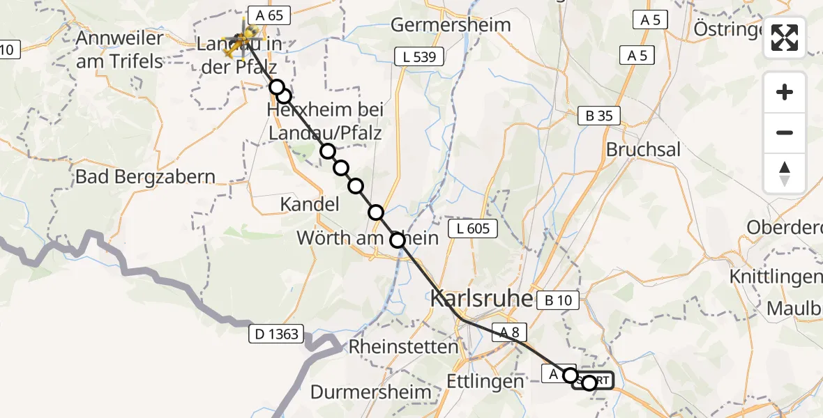 Flugroute Ambulanzhubschrauber Remchingen - Landau in der Pfalz, 13 Juli 2026, 18:24