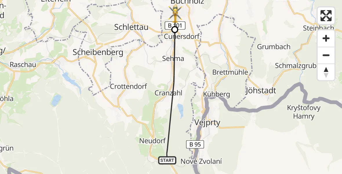 Flugroute Rettungshubschrauber Sehmatal - Annaberg-Buchholz, 13 Juli 2026, 18:24