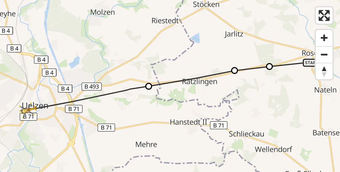Flugroute Rettungshubschrauber Rosche - Uelzen, 13 Juli 2026, 18:30