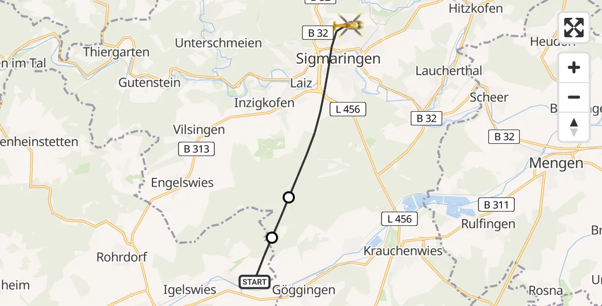 Flugroute Ambulanzhubschrauber Meßkirch - Sigmaringen, 13 Juli 2026, 18:36