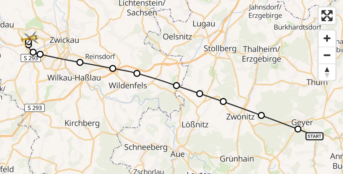 Flugroute Rettungshubschrauber Tannenberg - ADAC Air Rescue Station Zwickau Hubschrauberlandeplatz, 13 Juli 2026, 18:43