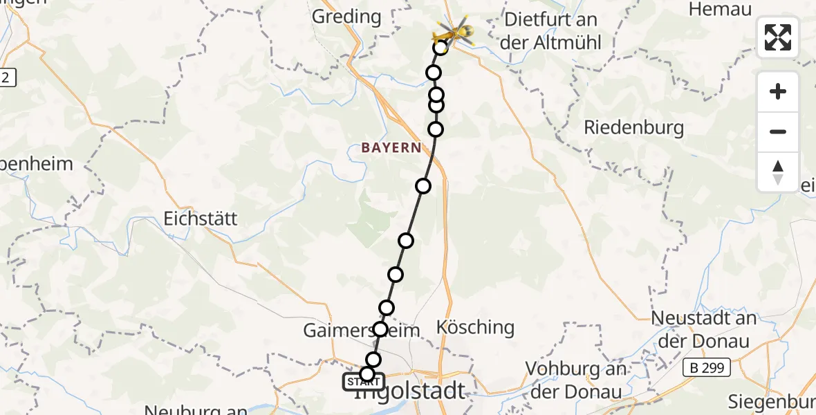Flugroute Rettungshubschrauber Ingolstadt Hospital - Beilngries, 13 Juli 2026, 18:45