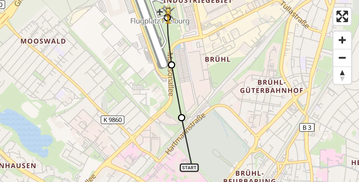 Flugroute Ambulanzhubschrauber Freiburg University Hospital Heliport 1 - Freiburg im Breisgau Flugplatz, 13 Juli 2026, 18:45