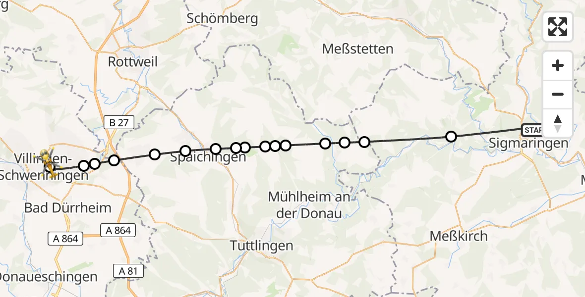Flugroute Ambulanzhubschrauber Sigmaringen - DRF Air Rescue Station Villingen-Schwenningen Hubschrauberlandeplatz (Christoph 11), 13 Juli 2026, 19:10