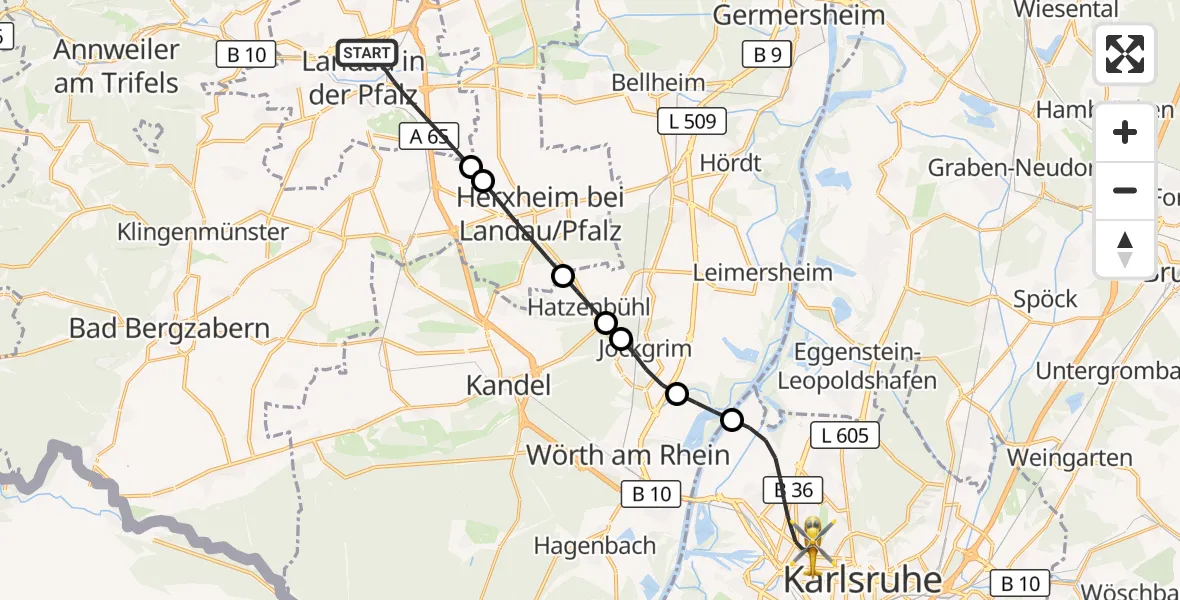 Flugroute Ambulanzhubschrauber Landau in der Pfalz - Karlsruhe, 13 Juli 2026, 19:15