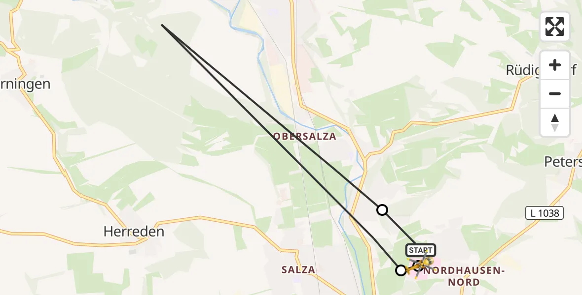 Flugroute Rettungshubschrauber Südharz Hospital Nordhausen - Südharz Hospital Nordhausen, 13 Juli 2026, 19:19
