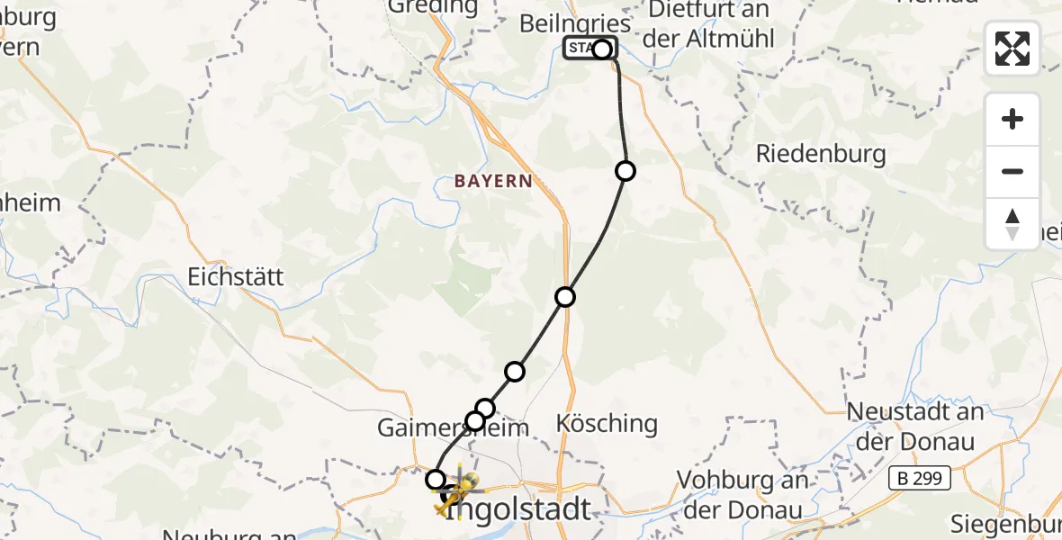 Flugroute Rettungshubschrauber Beilngries Flugplatz - Ingolstadt Hospital, 13 Juli 2026, 19:20