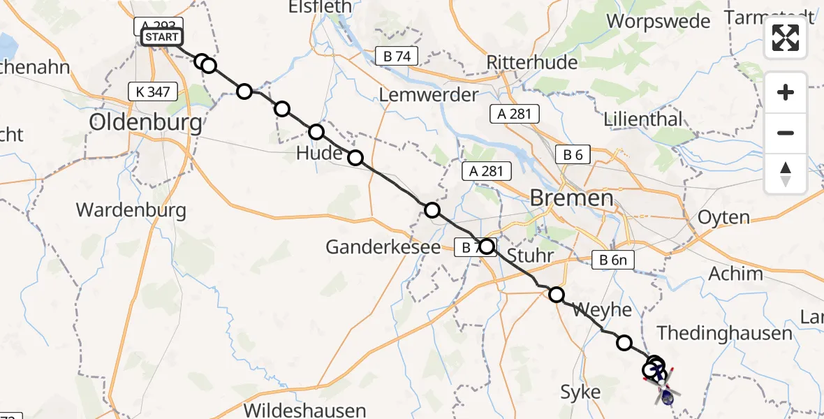 Flugroute Polizeihubschrauber Rastede - Syke, 13 Juli 2026, 19:20
