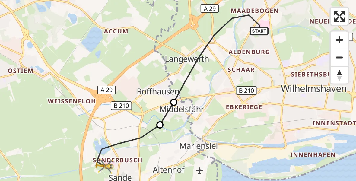 Flugroute Rettungshubschrauber Wilhelmshaven - Sande, 13 Juli 2026, 19:27