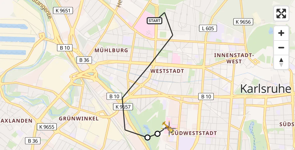 Flugroute Ambulanzhubschrauber Karlsruhe - Sankt Vincentius Hospital, 13 Juli 2026, 19:53