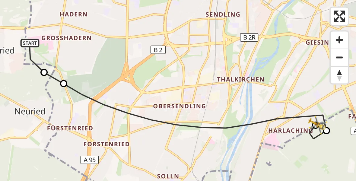 Flugroute Rettungshubschrauber DRF Air Rescue München Hubschrauberlandeplatz - München, 13 Juli 2026, 19:57