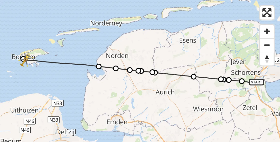 Flugroute Rettungshubschrauber Sande - Noordzee, 13 Juli 2026, 20:05