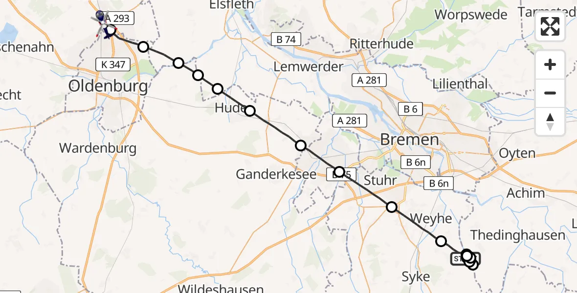 Flugroute Polizeihubschrauber Syke - Rastede, 13 Juli 2026, 20:25