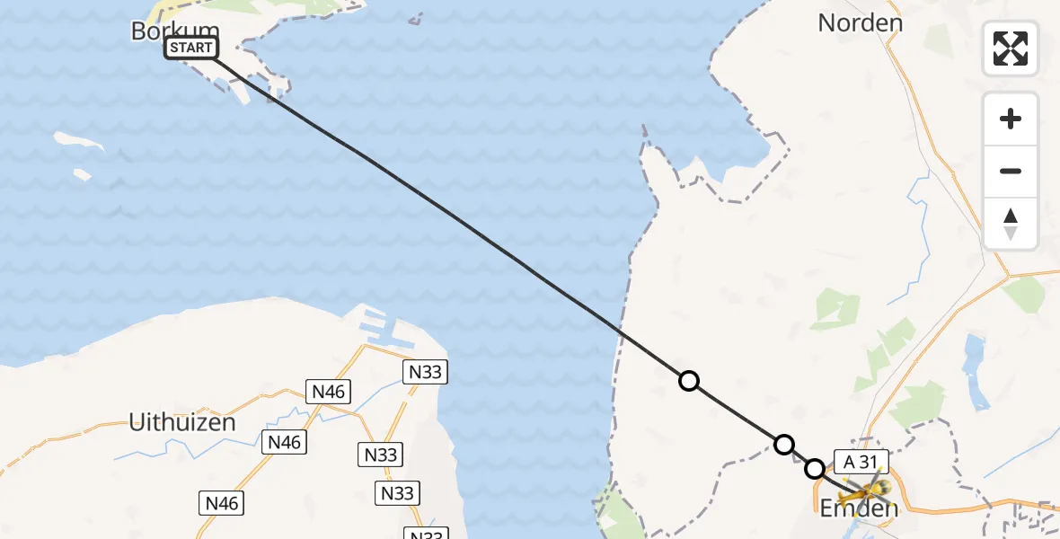 Flugroute Rettungshubschrauber Noordzee - Emden, 13 Juli 2026, 20:52