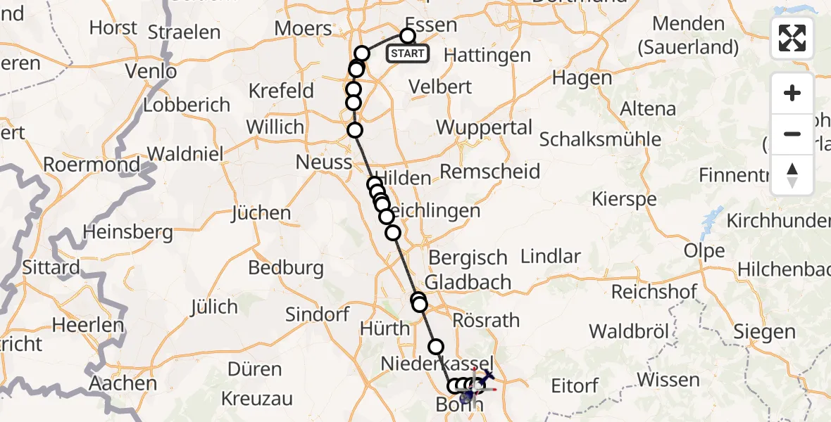 Flugroute Polizeihubschrauber Essen - Sankt Augustin, 13 Juli 2026, 21:04