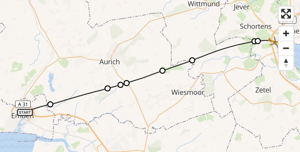 Flugroute Rettungshubschrauber Emden - Sande, 13 Juli 2026, 21:30