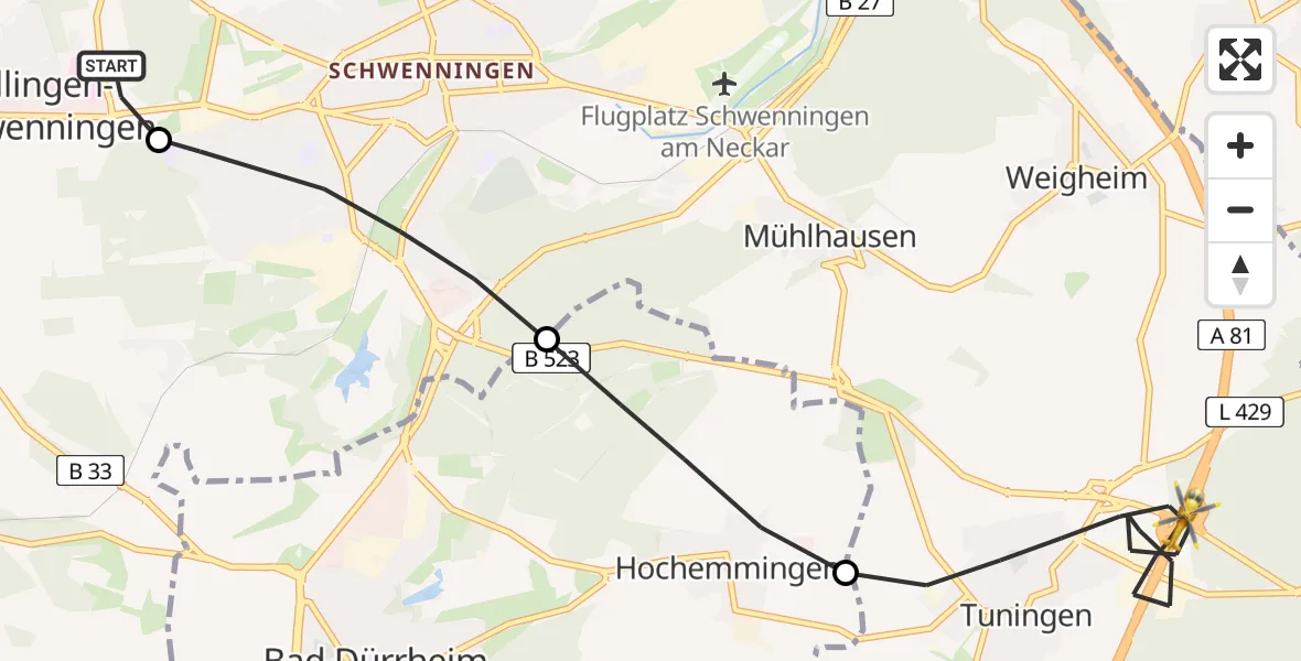 Flugroute Ambulanzhubschrauber DRF Air Rescue Station Villingen-Schwenningen Hubschrauberlandeplatz (Christoph 11) - Tuningen, 13 Juli 2026, 21:41